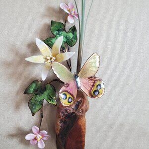 Painted Glass Butterfly And Flowers Metal Wood Wall Art